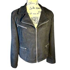 Ookie & Lala Faux Suede Black Moto Style Jacket Sz Lrg